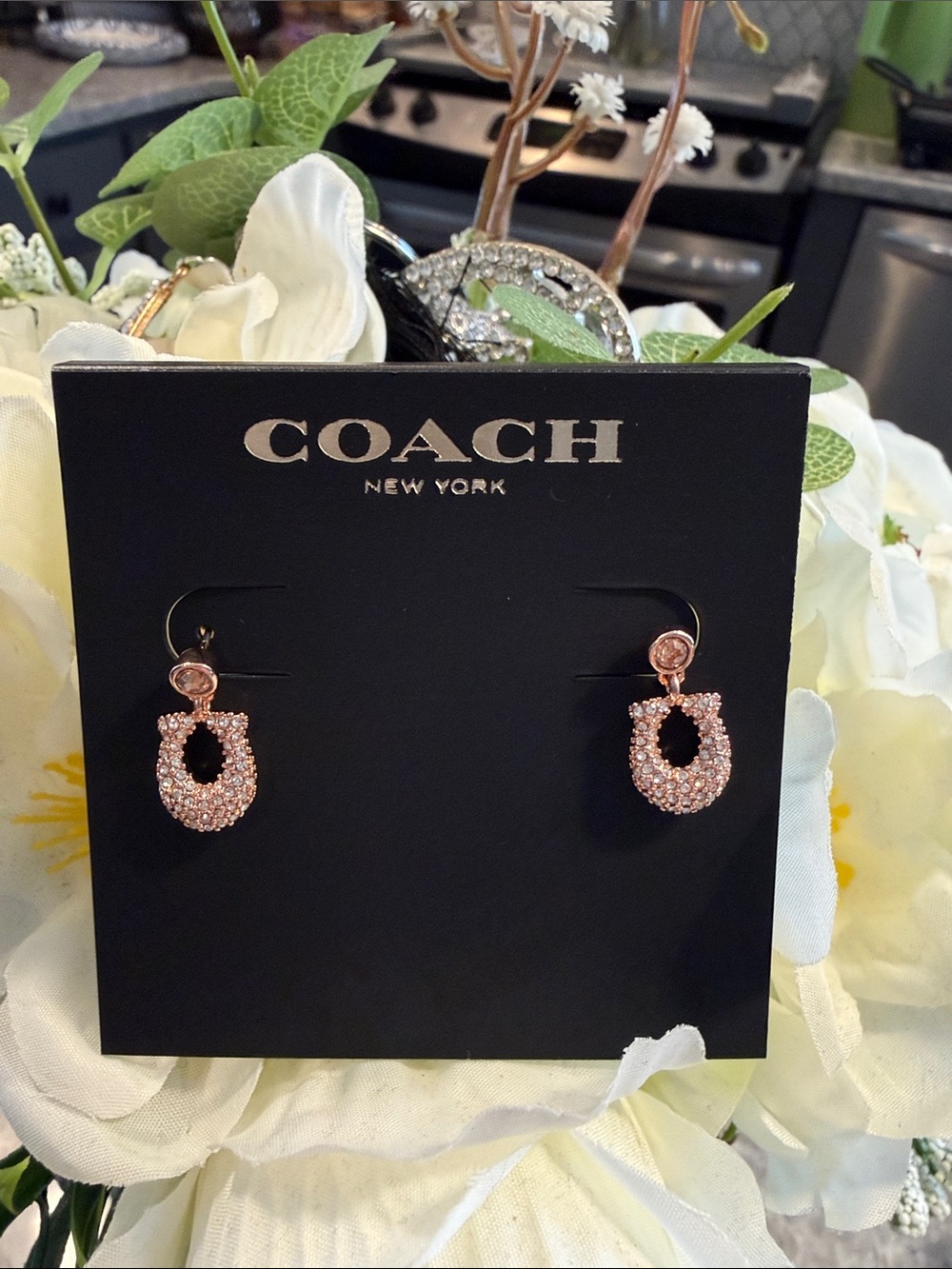 COACH Rose Gold Crystal Pavé Hoop Drop Earrings
